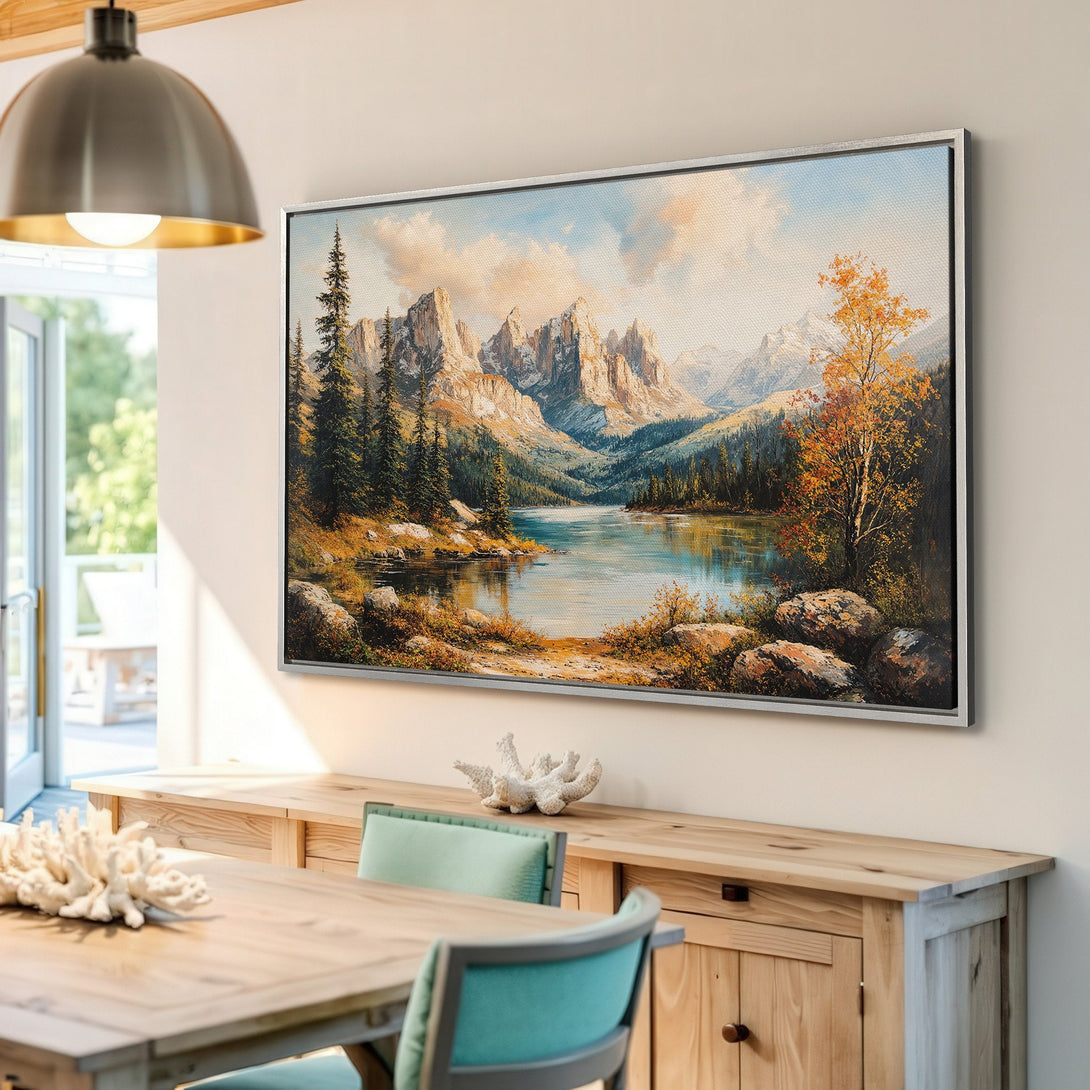 Framed Wall Art: Mountain landscape Canvas Print in warm tones. Adds a touch of nature to any room. Perfect for living rooms and bedrooms.