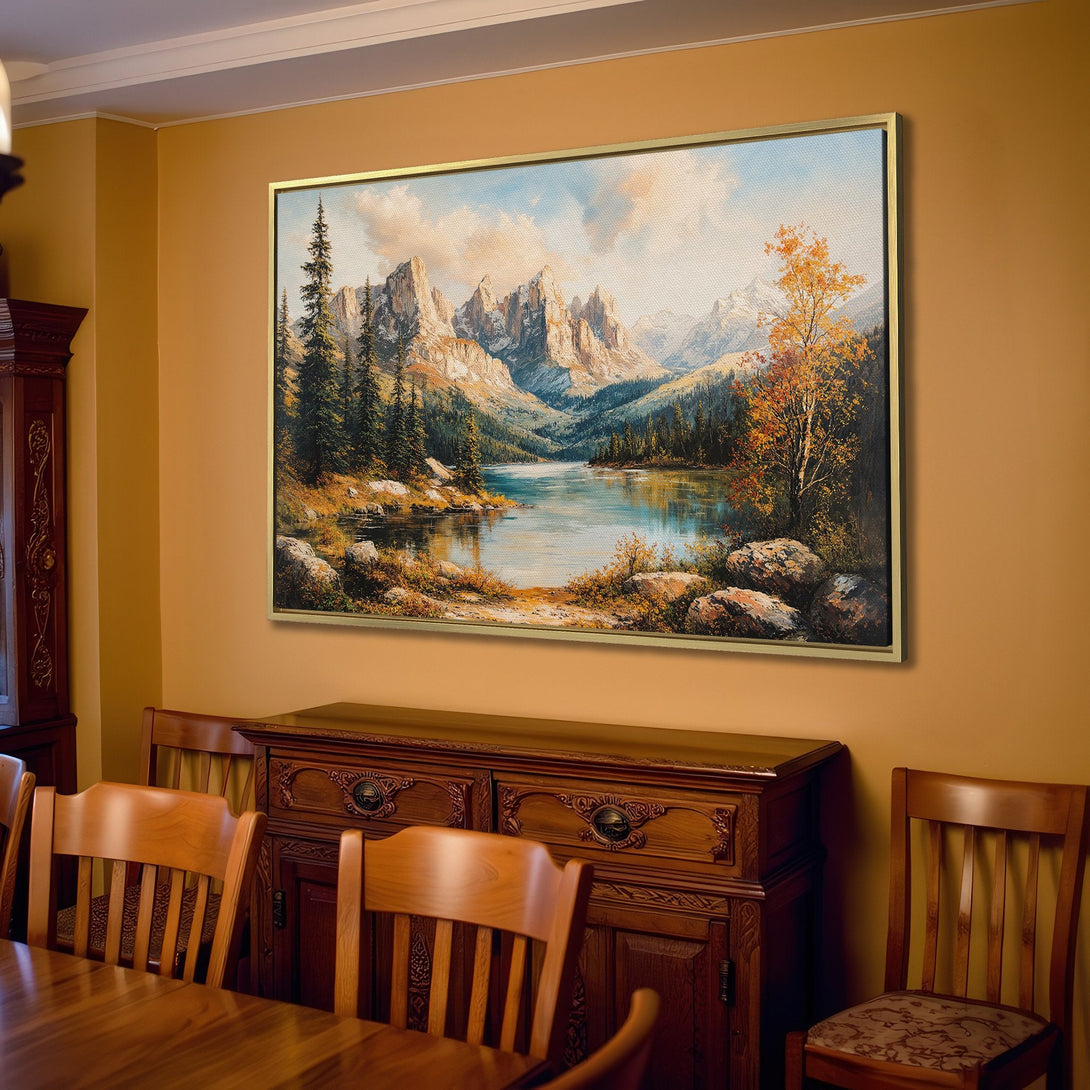 Canvas Print of a serene mountain lake landscape painting, featuring cool blues and greens with warm autumn hues, perfect for home decor.