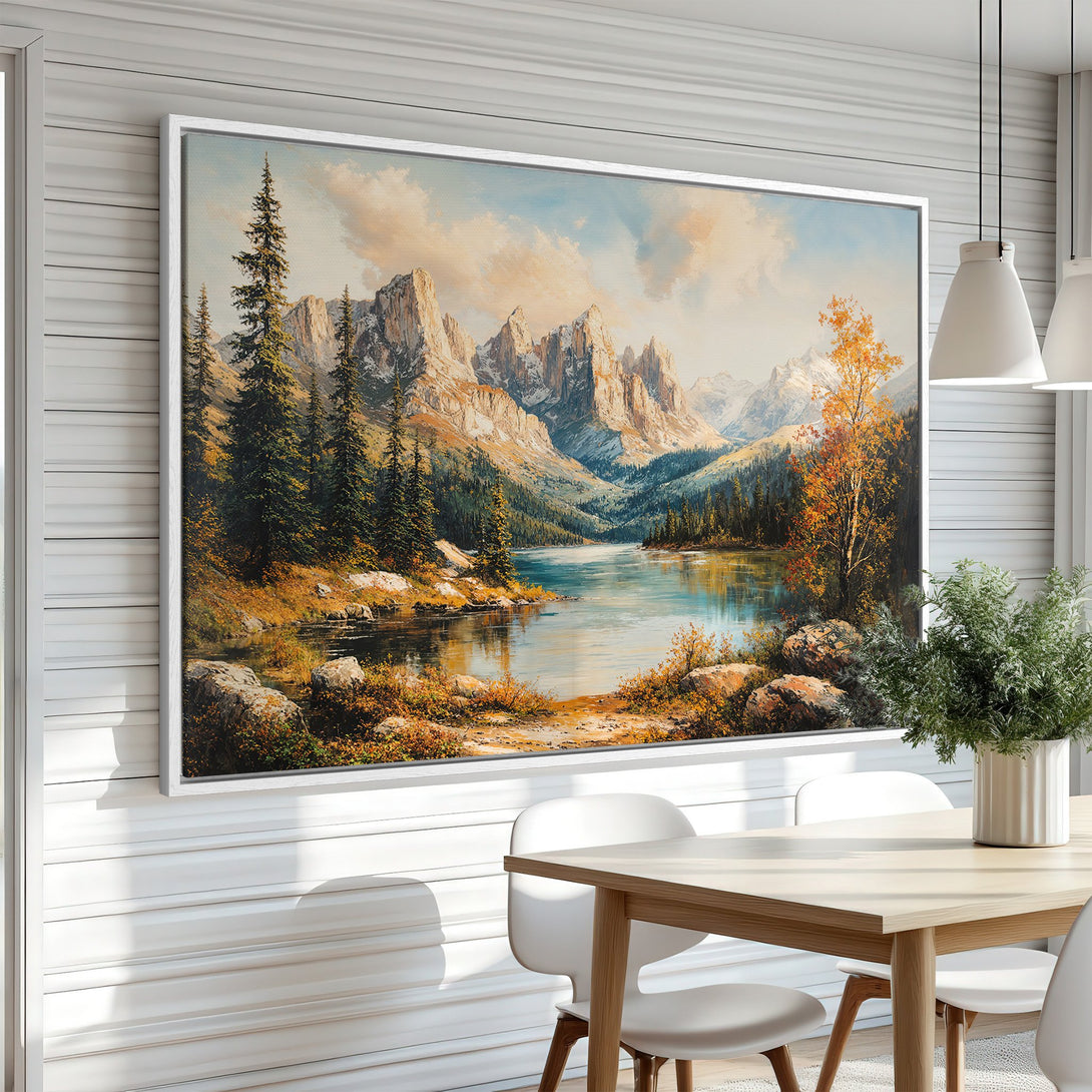 Framed Wall Art: Mountain landscape Canvas Print in warm earth tones. Perfect for adding a touch of nature and elegance to your home decor.