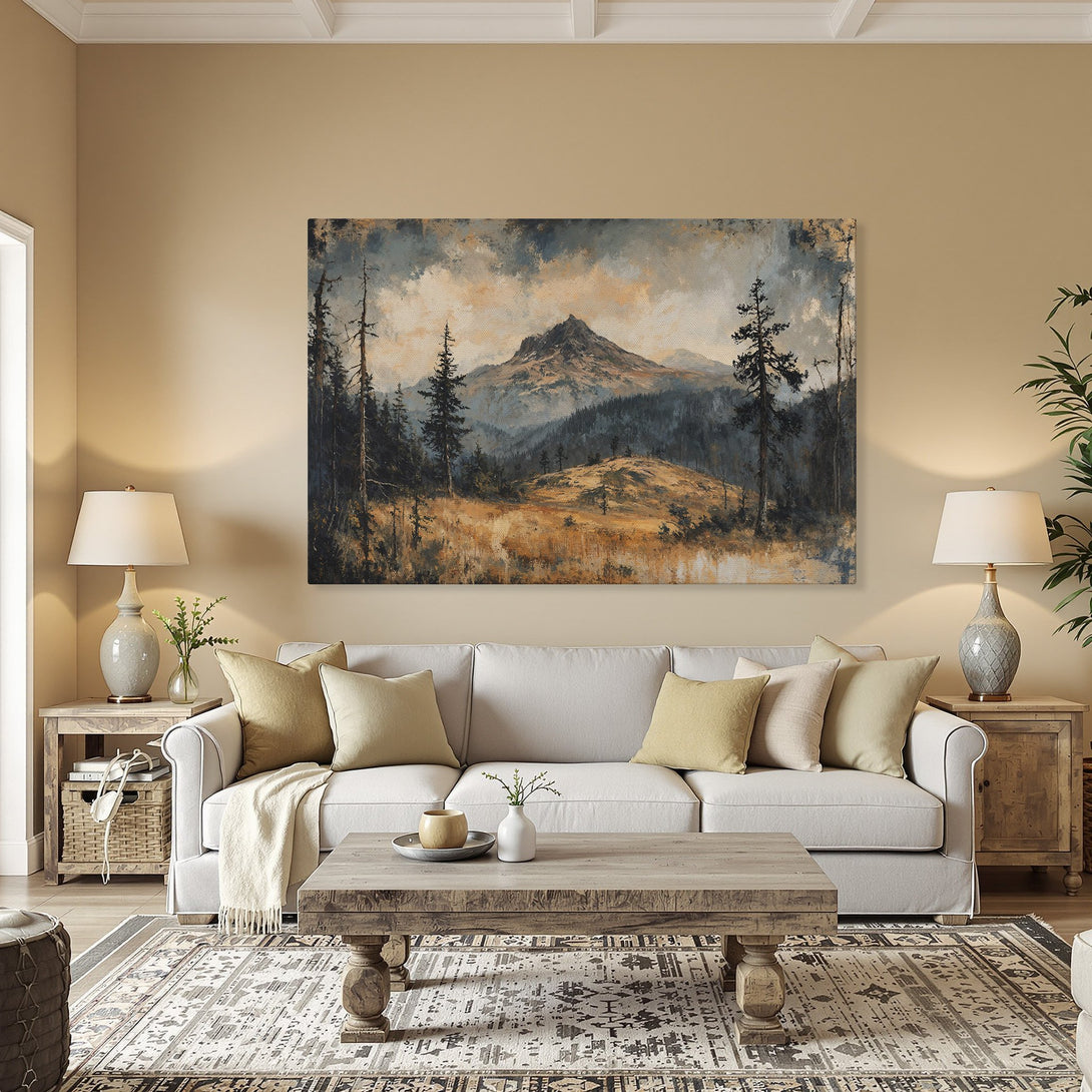 Framed Wall Art: Mountain landscape Canvas Print in warm earth tones. Add a touch of nature's beauty to your home with this stunning artwork.