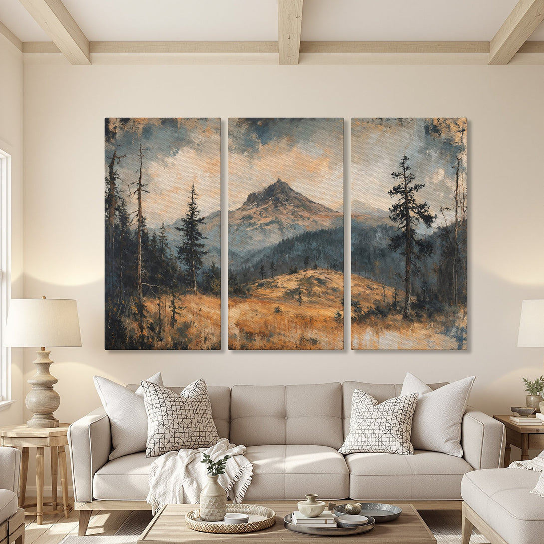 Canvas Print of a mountain landscape painting in a warm, neutral interior. Features a muted color palette of blues, browns, and golds. Perfect for adding rustic charm.
