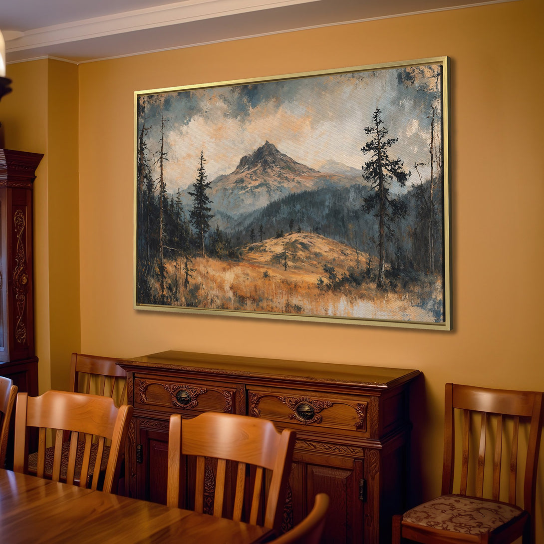 Canvas Print of a mountain landscape painting in a warm, neutral color palette. Rustic style framed wall art for home decor.