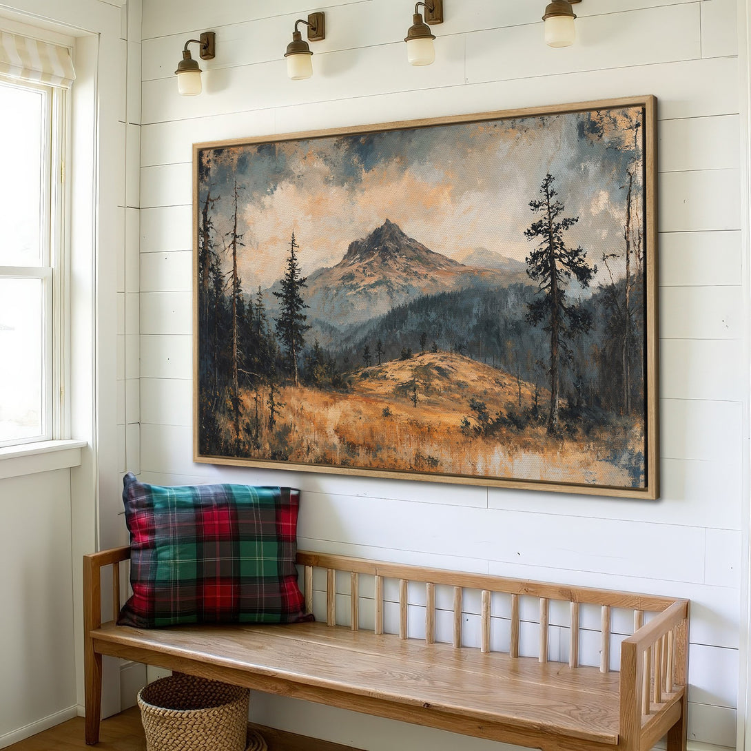 Framed Wall Art: Mountain landscape canvas print in rustic style, featuring a warm earthy color palette. Perfect for adding a touch of nature to your home.