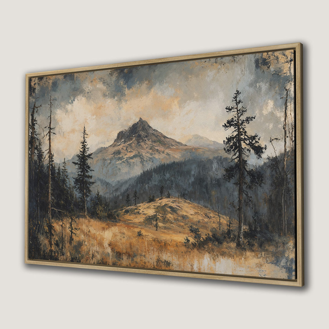 Framed Wall Art: Mountain landscape Canvas Print in warm earth tones. Rustic art for home decor.