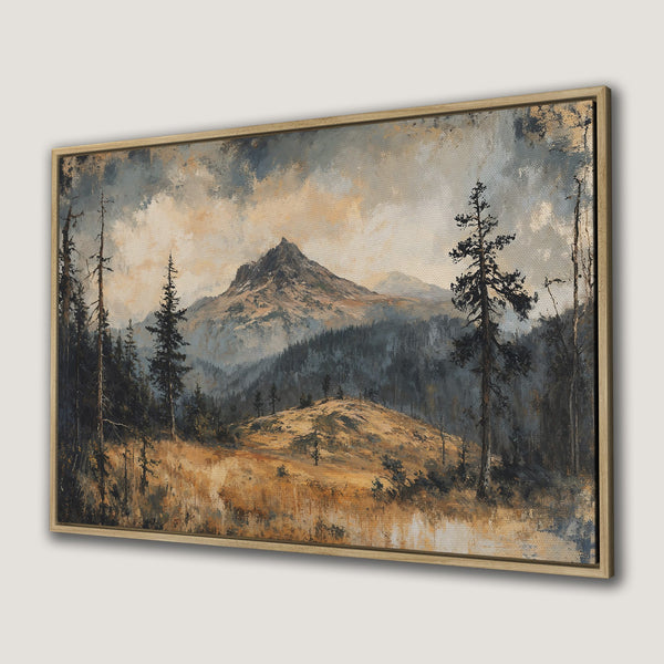 Framed Wall Art: Mountain landscape Canvas Print in warm earth tones. Rustic art for home decor.