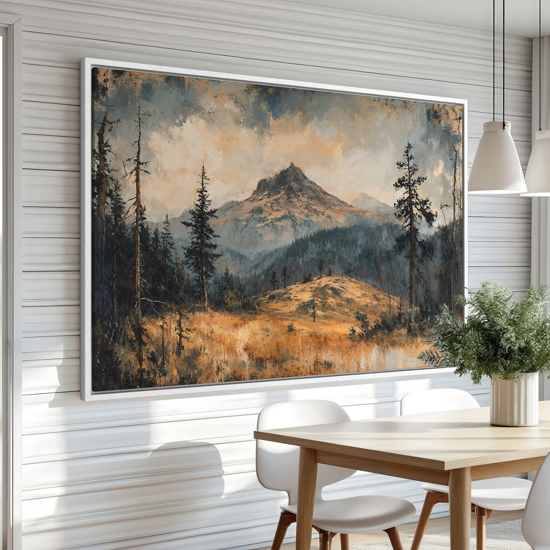 Framed Wall Art: Mountain landscape canvas print. Rustic style art with a warm, earthy color palette. Perfect for adding a touch of nature to your home decor.