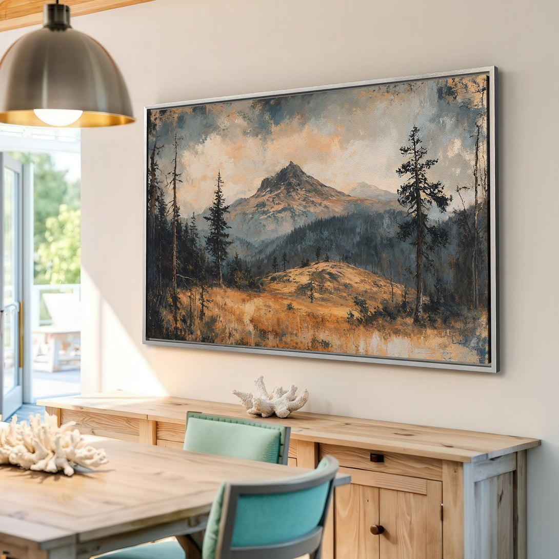 Framed Wall Art: Mountain landscape canvas print. Rustic style art with a muted blue, brown, and gold color palette. Perfect for home decor.