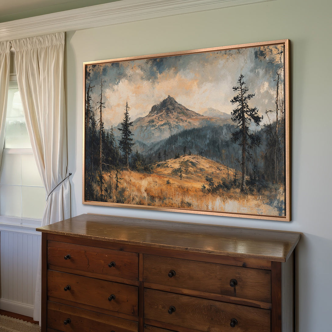 Framed Wall Art: Mountain landscape canvas print in a rustic style with a warm, earthy color palette. Elevate your home decor!