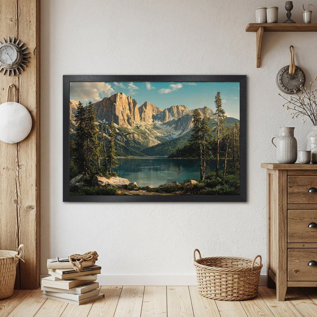 Framed Poster of a serene mountain lake landscape in a natural, warm color palette. Bring nature indoors with this stunning artwork.