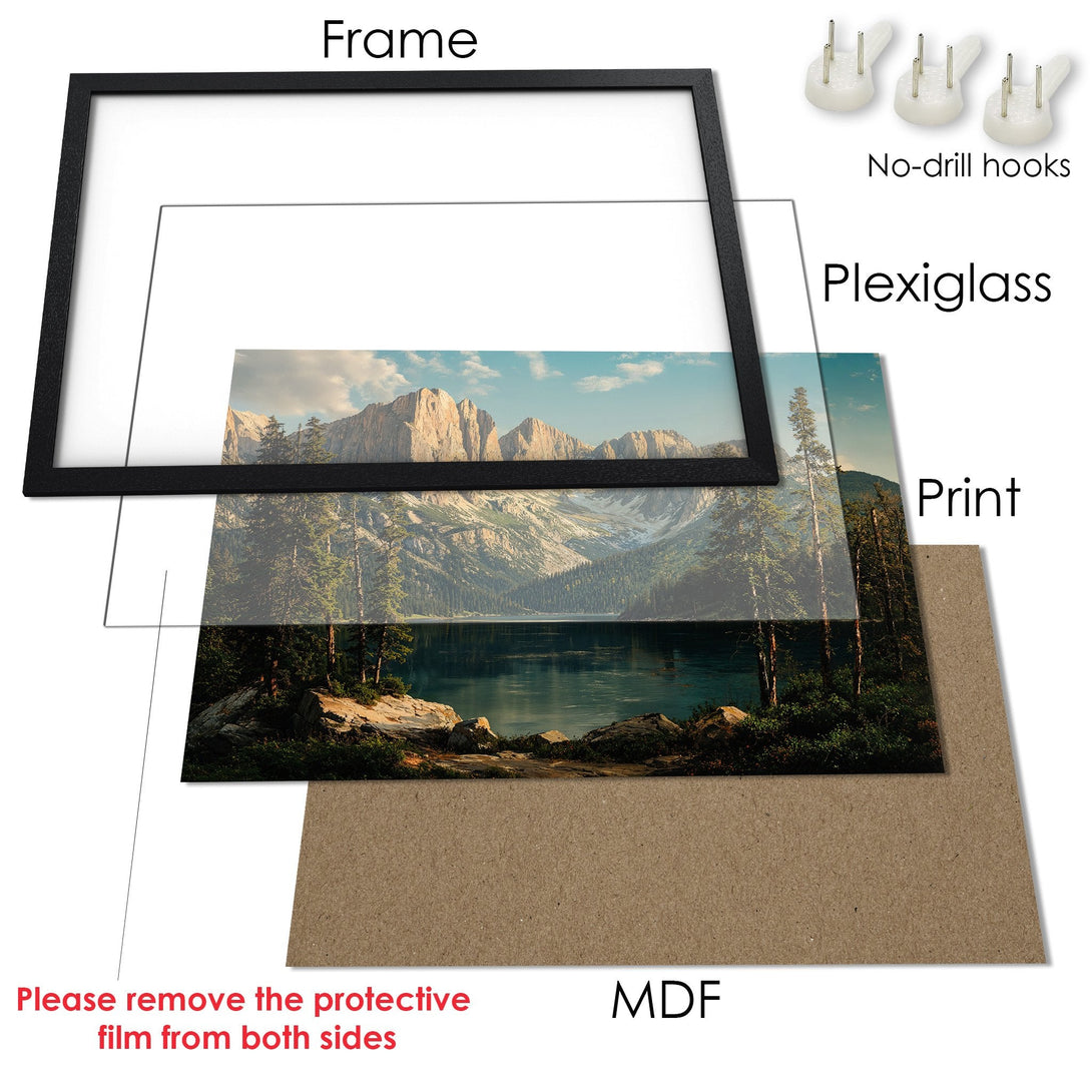 Framed Poster of a mountain lake landscape. Earthy tones with blue sky. Perfect wall art for your home.