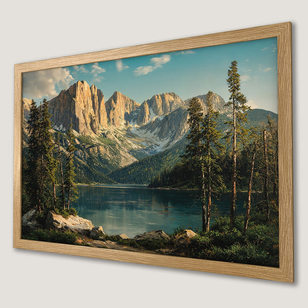 Framed Poster of a serene mountain lake scene. Earthy tones with blue sky and lush green trees. Perfect wall art for nature lovers.