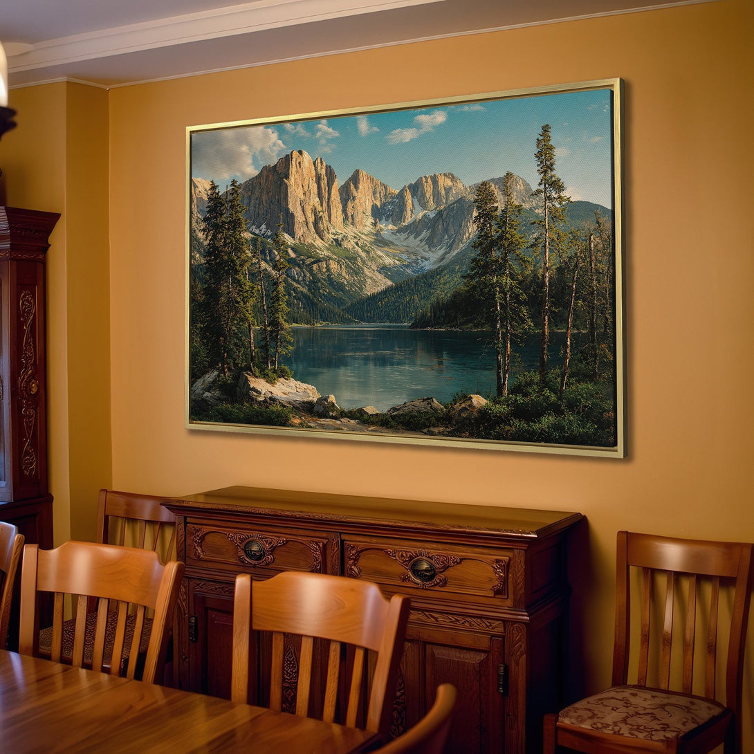 Canvas Print of a serene mountain lake landscape in a neutral color palette, perfect for adding a touch of nature to your home decor.
