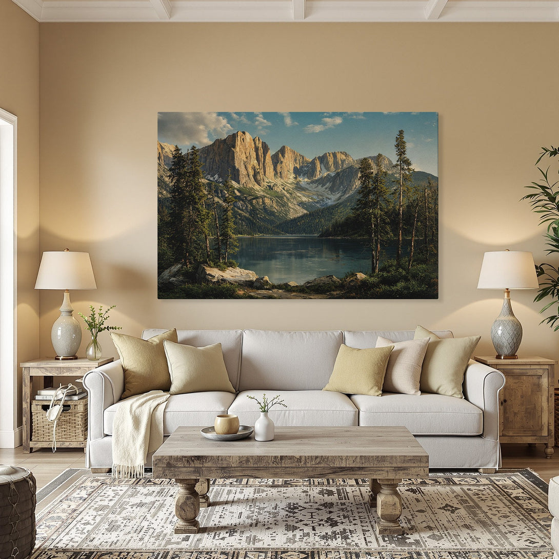 Framed Wall Art: Majestic mountain landscape Canvas Print in a classic style with a serene blue and green color palette. Elevate your home decor!