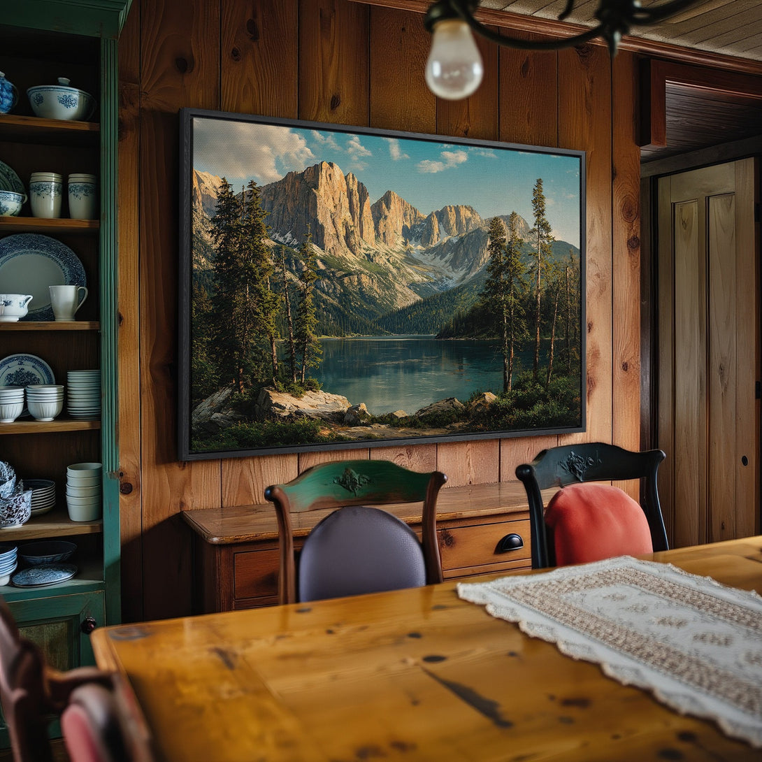 Framed Wall Art: Majestic mountain landscape canvas print with a serene lake, in a rustic interior. Earthy tones and natural beauty for your home decor.