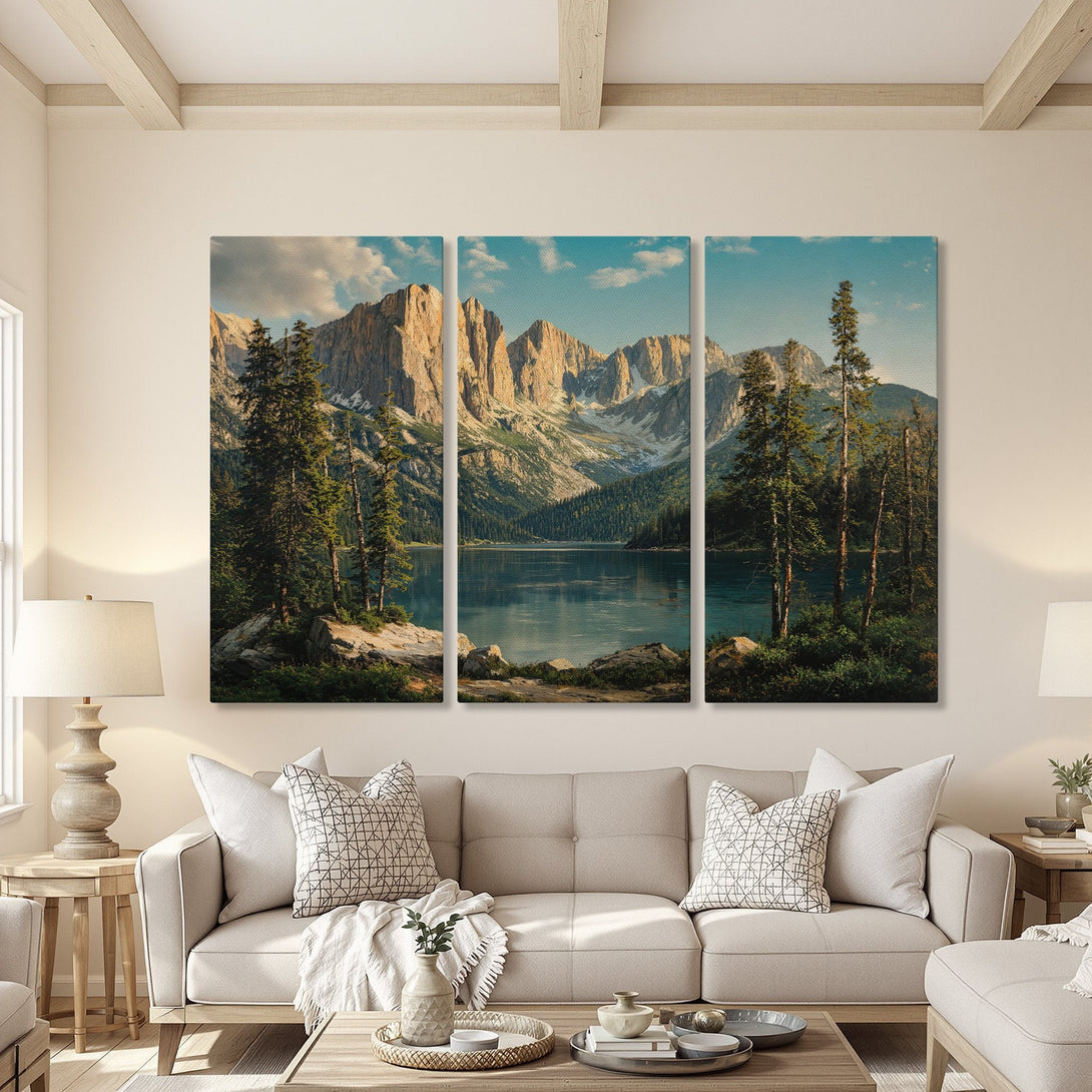 Canvas Print of a serene mountain lake scene in a triptych format. Earthy tones of blue, green, and gold create a calming, natural aesthetic. Perfect for any home.