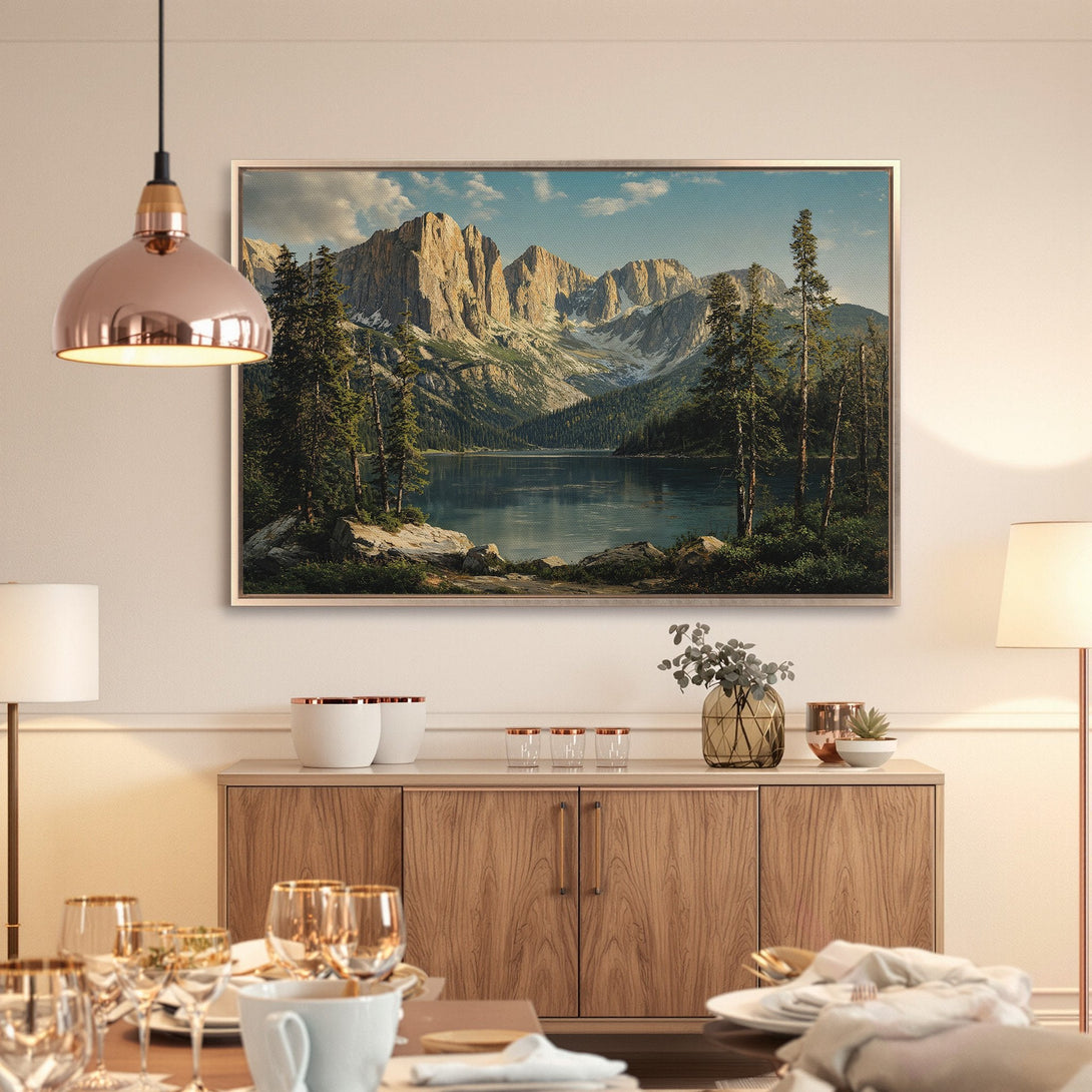 Framed Wall Art: Mountain landscape Canvas Print in neutral tones. Elevate your home decor with this stunning nature-inspired artwork.