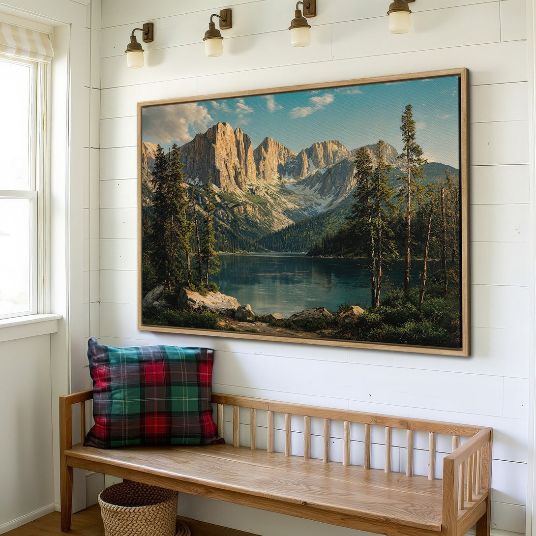 Framed Wall Art: Stunning mountain lake landscape canvas print. Earthy tones of green, blue, and brown. Perfect rustic decor for your home.