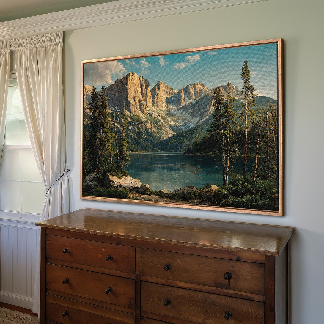 Framed Wall Art: Majestic mountain landscape Canvas Print in warm earth tones and cool blues, perfect for adding a touch of nature to any room.