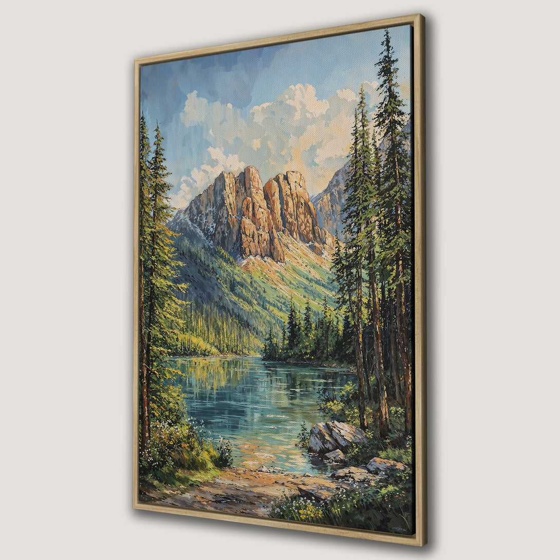 Framed Wall Art featuring a stunning mountain lake landscape painting in a vibrant green, blue, and brown color palette. Perfect for adding nature-inspired art to your home.