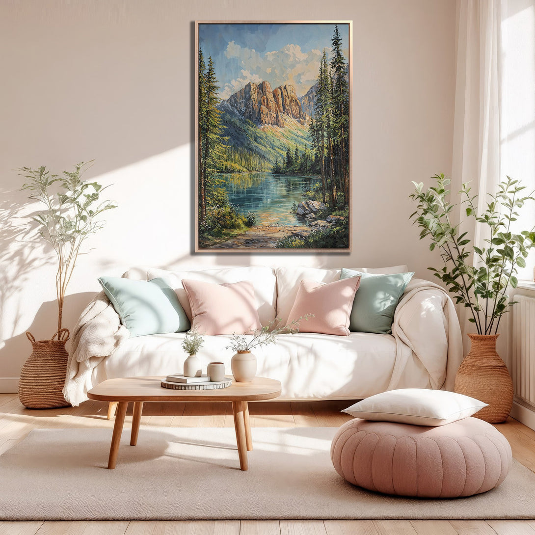 Framed Wall Art of a mountain lake landscape in a warm, inviting living room. Earthy tones and soft pastels create a cozy, stylish atmosphere.