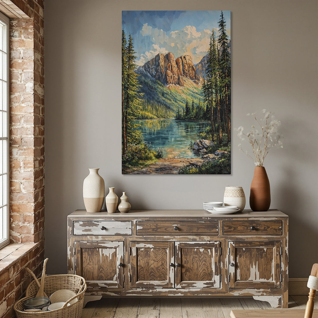 Framed Wall Art: Mountain lake landscape painting in warm tones. Enhance your home decor with this stunning canvas print.
