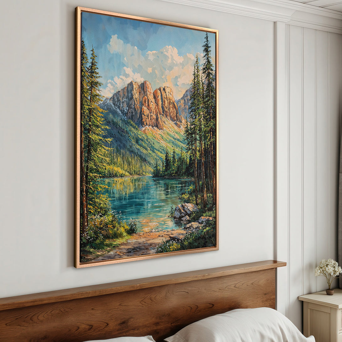 Framed Wall Art: Mountain landscape Canvas Print with vibrant blues, greens, and golds. Perfect for adding a touch of nature and warmth to your home decor.