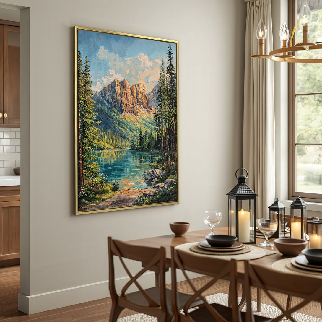 Canvas Print of a mountain lake landscape in a rustic interior. Features a blue, green, and brown color palette. Perfect wall art for your home!