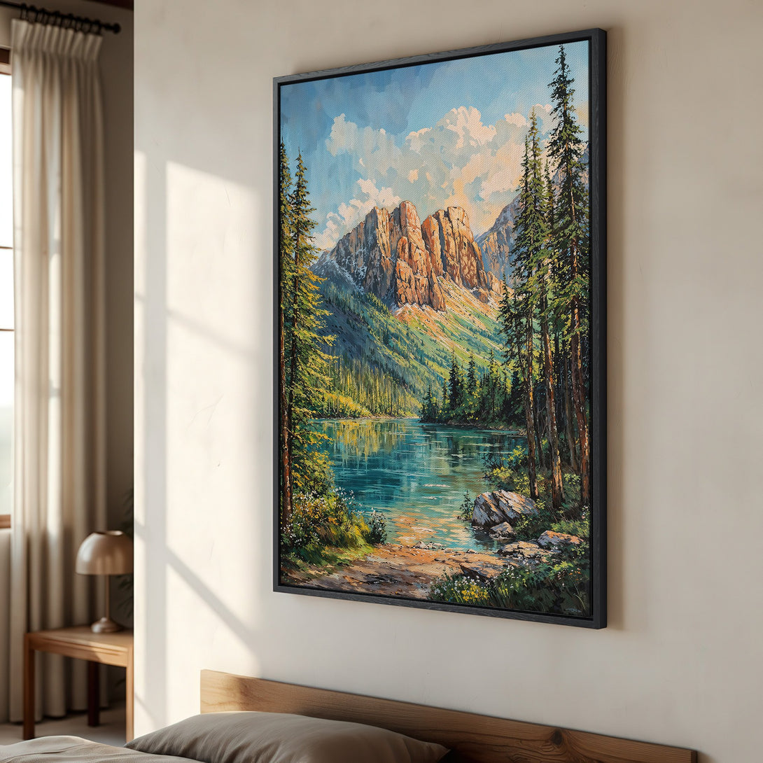 Framed Wall Art: Mountain lake landscape canvas print in vibrant blues, greens, and golds. Perfect for adding a touch of nature to your home decor.