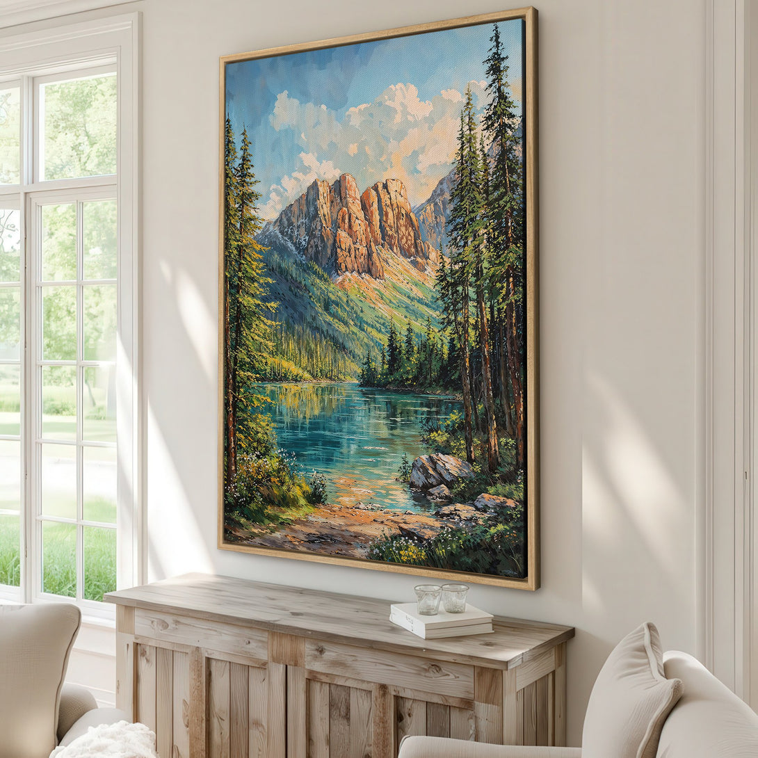Framed Wall Art: Majestic mountain lake landscape canvas print with vibrant blues, greens, and warm earth tones. Perfect for adding nature-inspired art to your home.