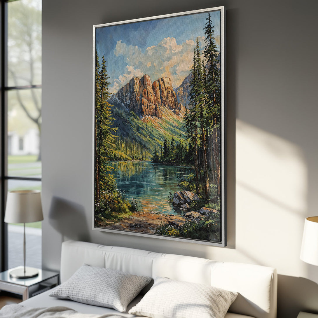Framed Wall Art: Majestic mountain landscape Canvas Print with vibrant blues, greens, and warm earth tones. Perfect for adding a touch of nature-inspired art to your home decor.