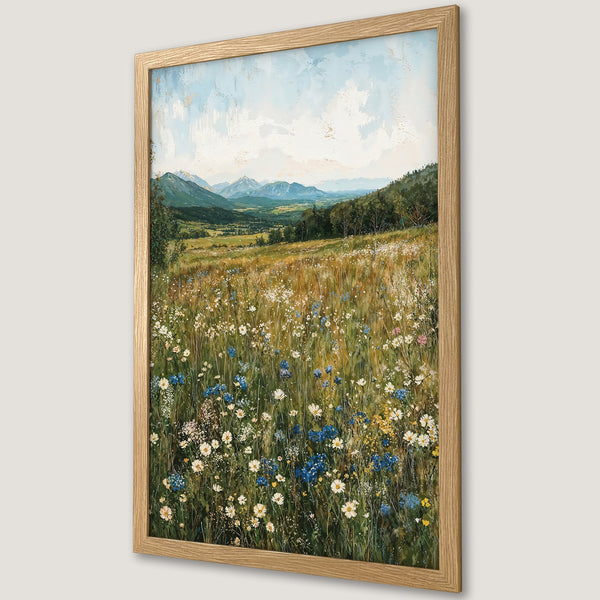 Framed Poster of a serene landscape painting. Featuring wildflowers and mountains in a natural color palette, perfect for home decor.