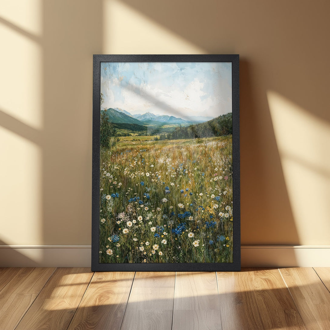 Framed Poster featuring a vibrant meadow scene with mountains, in a painterly style. Earthy tones with pops of blue and white. Perfect wall art.