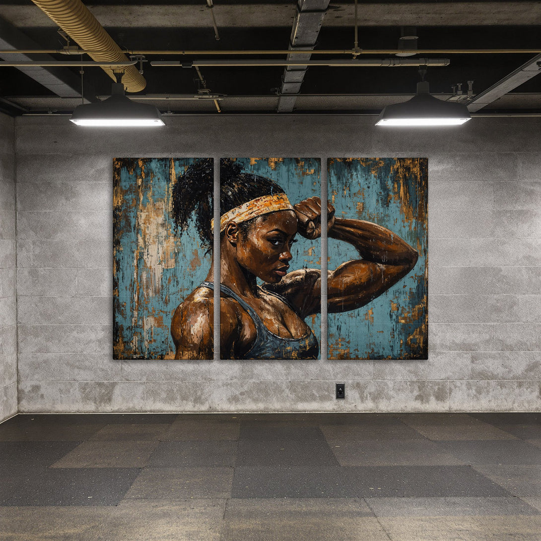 Canvas Print of powerful woman flexing, blue & gold abstract background. Bold wall art for your home gym or fitness space.