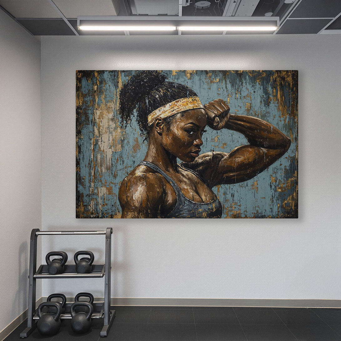 Framed Wall Art: Powerful woman canvas print in a gym. Abstract style with blue, gold, and brown tones. Elevate your space with motivational art!