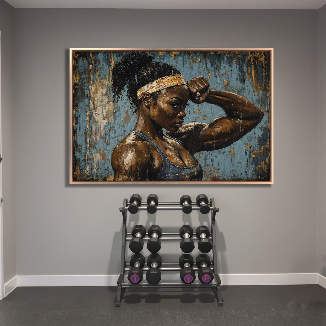 Framed Wall Art featuring a strong woman in a gym, with a teal and gold abstract background. Perfect for home gyms!