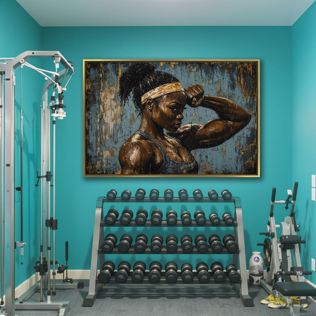 Canvas Print of a powerful Black woman flexing her bicep. Abstract style with teal, gold, and brown tones. Perfect for a gym or home decor.