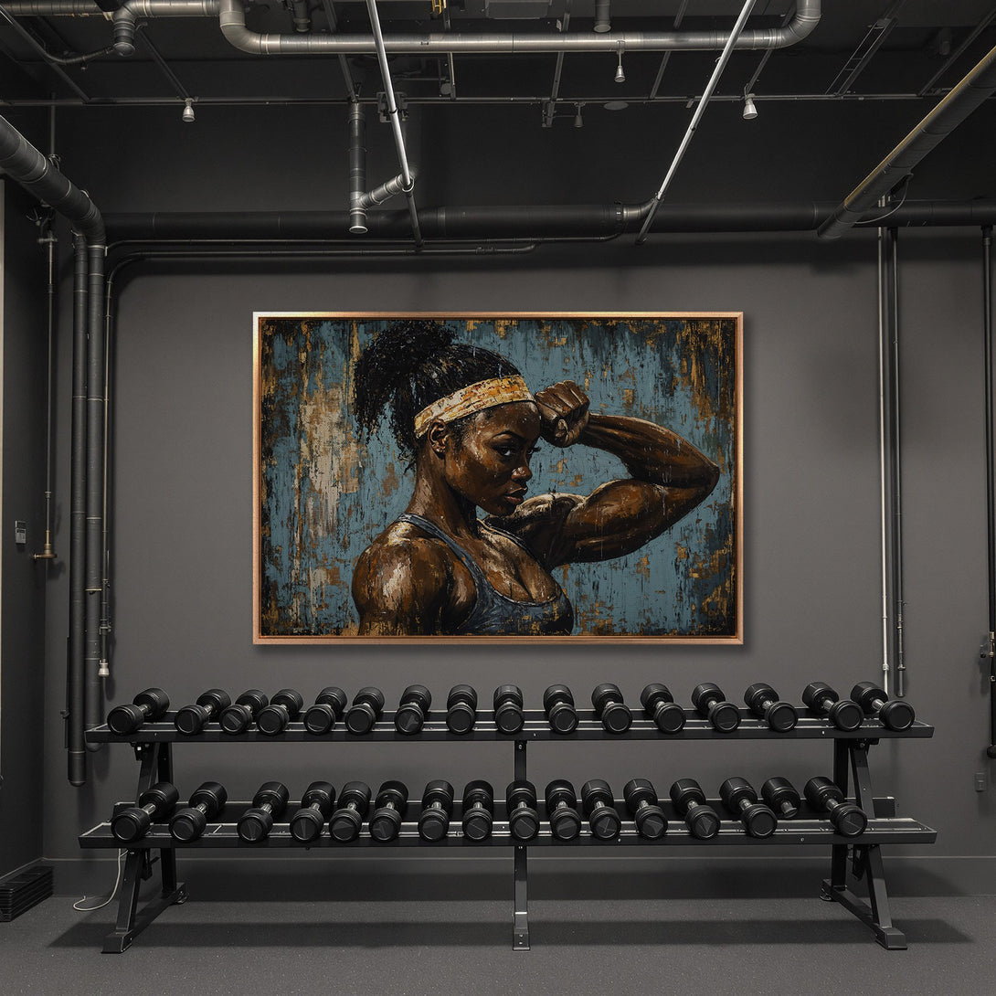 Framed Wall Art of a strong woman in a gym. Rustic style with a blue, gold, and brown color palette. Perfect for home gym decor.