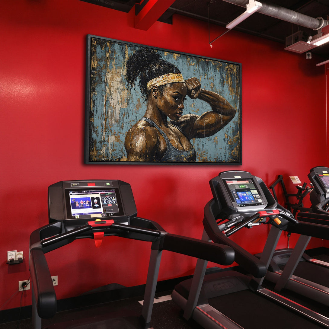 Framed Wall Art of strong woman in a gym setting. Bold, textured art with a blue, gold, and brown palette. Perfect for home or gym decor.
