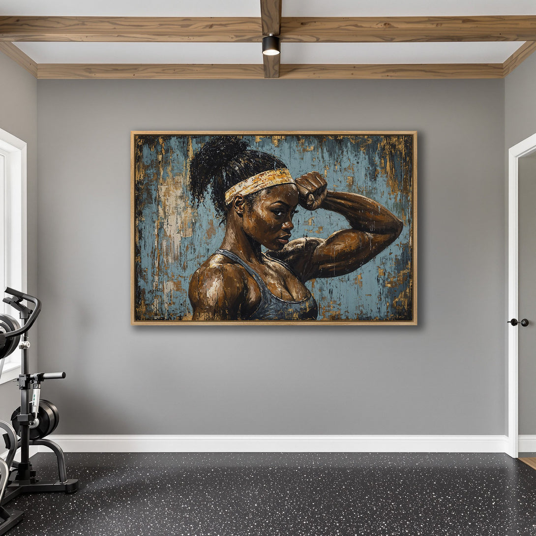Framed Wall Art featuring a strong woman in a gym. Abstract style with blue, gold, and brown tones. Perfect for home gym decor!