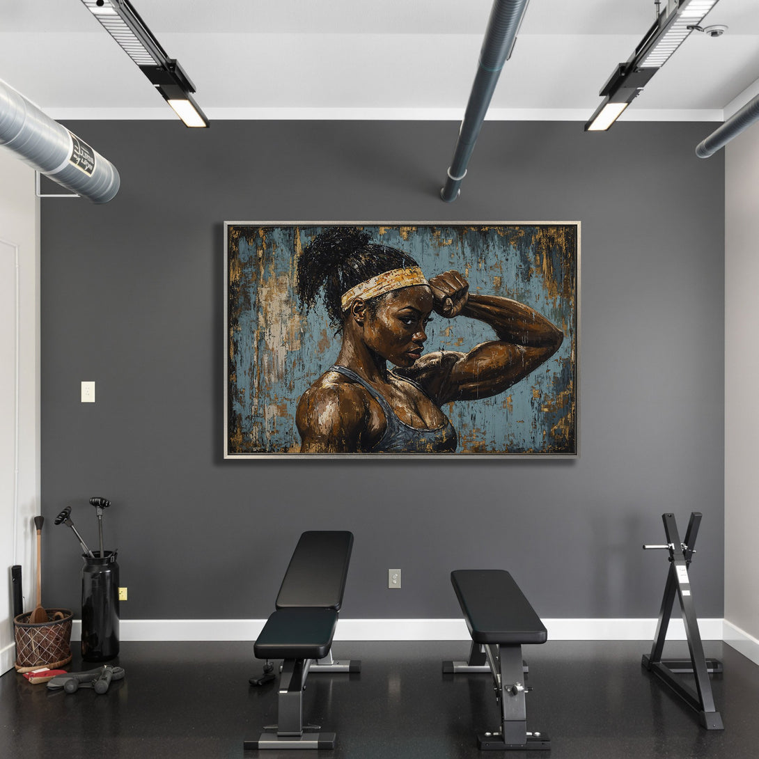 Framed Wall Art: Powerful woman flexing. Textured painting with teal, gold, and brown tones. Perfect for home gyms & fitness spaces.