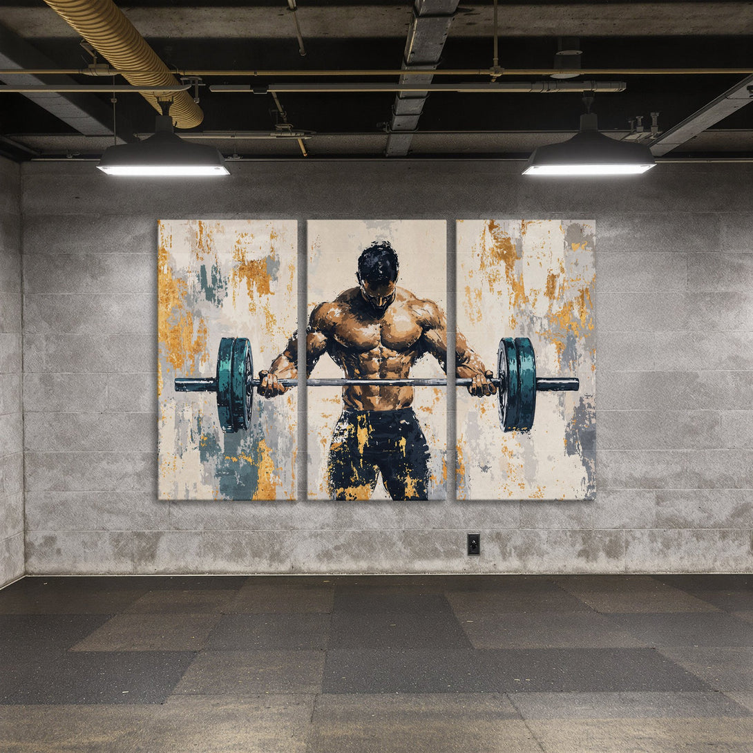 Canvas Print of a muscular weightlifter in an abstract style with gold, gray, and teal accents. Perfect for gym decor.