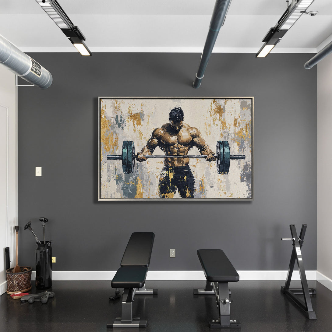 Framed Wall Art featuring a weightlifter in a modern, abstract style. Earthy gold, gray, and blue color palette, perfect for your home gym.