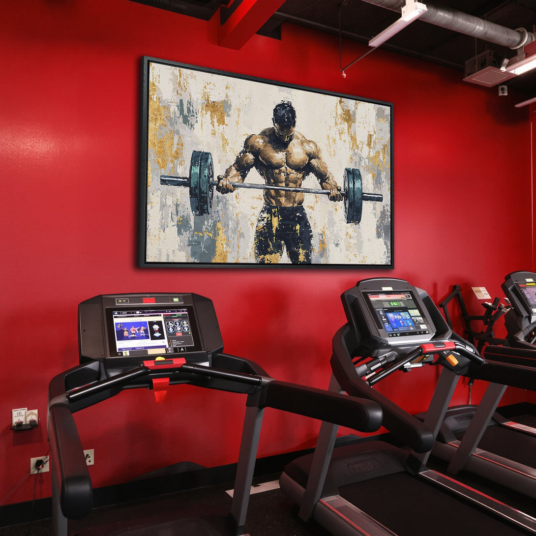 Framed Wall Art: Abstract painting of a weightlifter in a gym. Modern art with gold, gray, and brown tones against a red wall. Perfect for fitness enthusiasts.