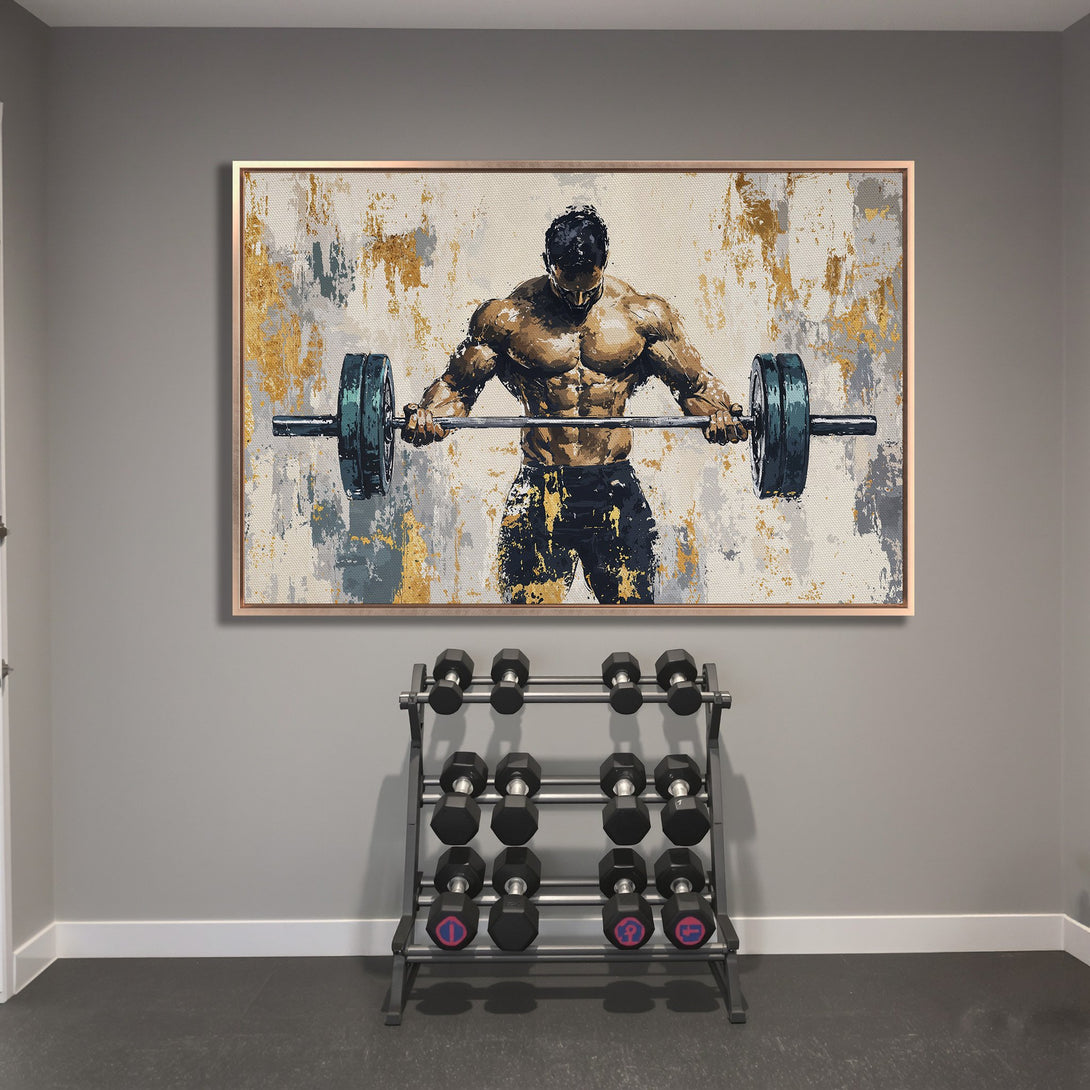 Framed Wall Art: Muscular weightlifter canvas print in a gym. Abstract style with gold, gray, & teal accents. Elevate your space with fitness art!