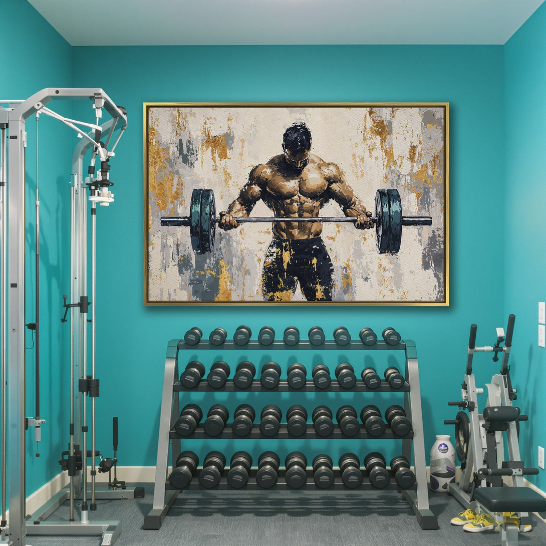 Abstract Canvas Print of a weightlifter in a gym, featuring a neutral color palette with gold accents. Perfect for fitness enthusiasts!
