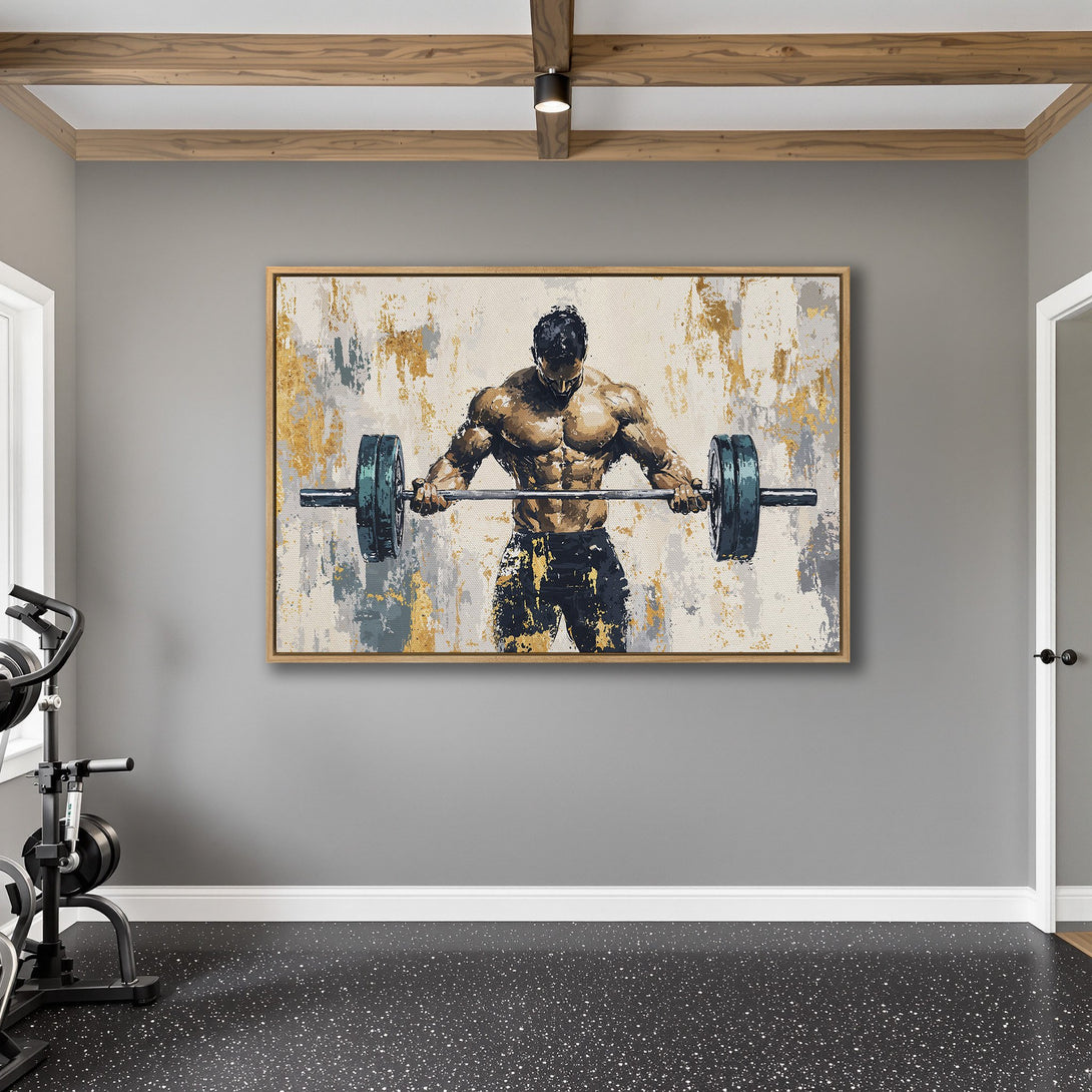 Framed Wall Art: Abstract painting of a weightlifter in a gym. Neutral tones with gold accents. Perfect for home gym decor.
