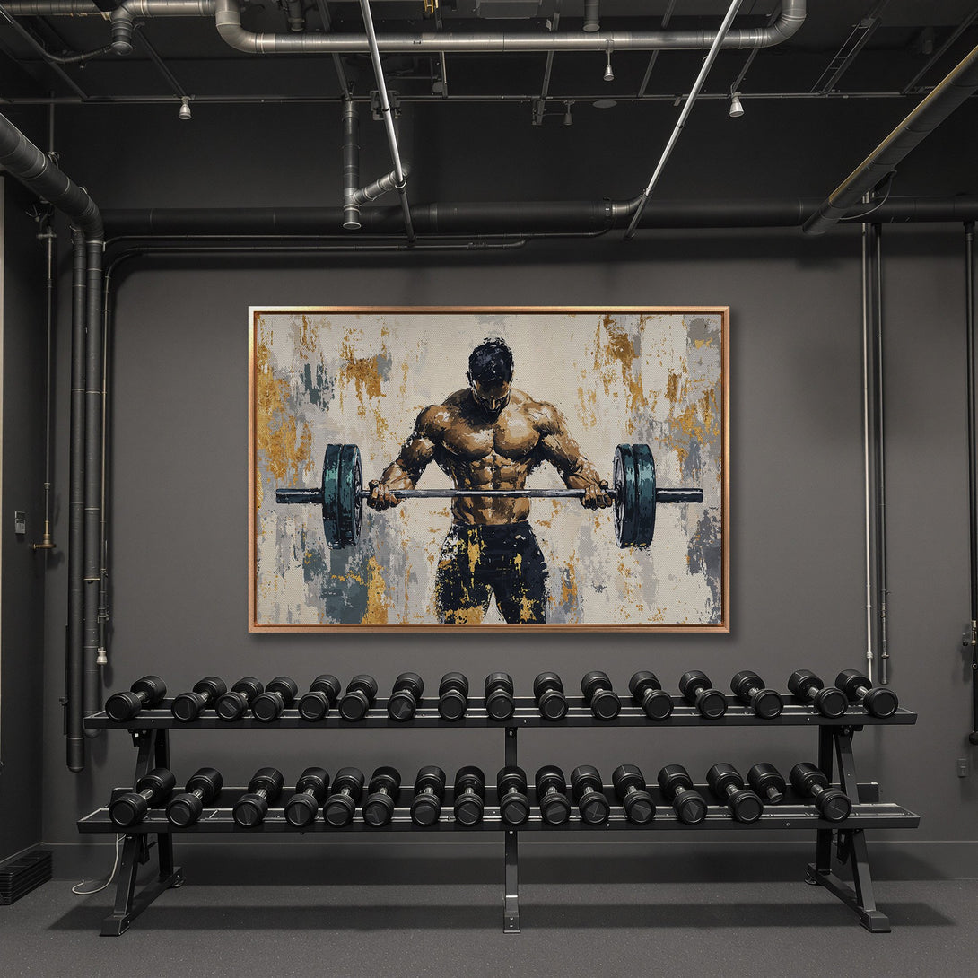 Framed Wall Art: Abstract painting of a weightlifter in a gym. Earthy tones with gold accents. Modern fitness decor for home or gym.