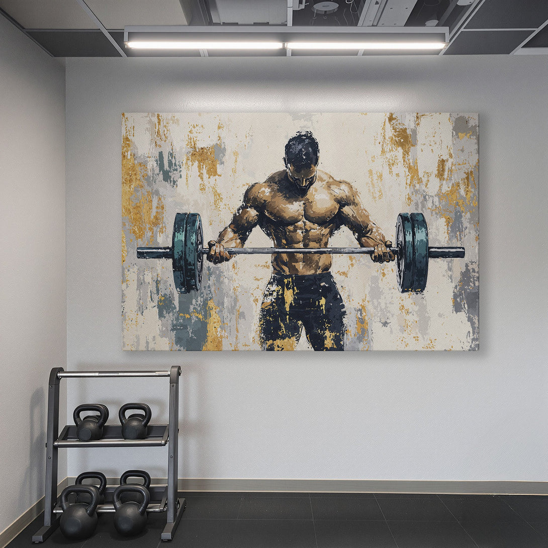 Framed Wall Art: Abstract painting of a muscular man lifting weights. Neutral, gold, and gray tones. Perfect gym decor.
