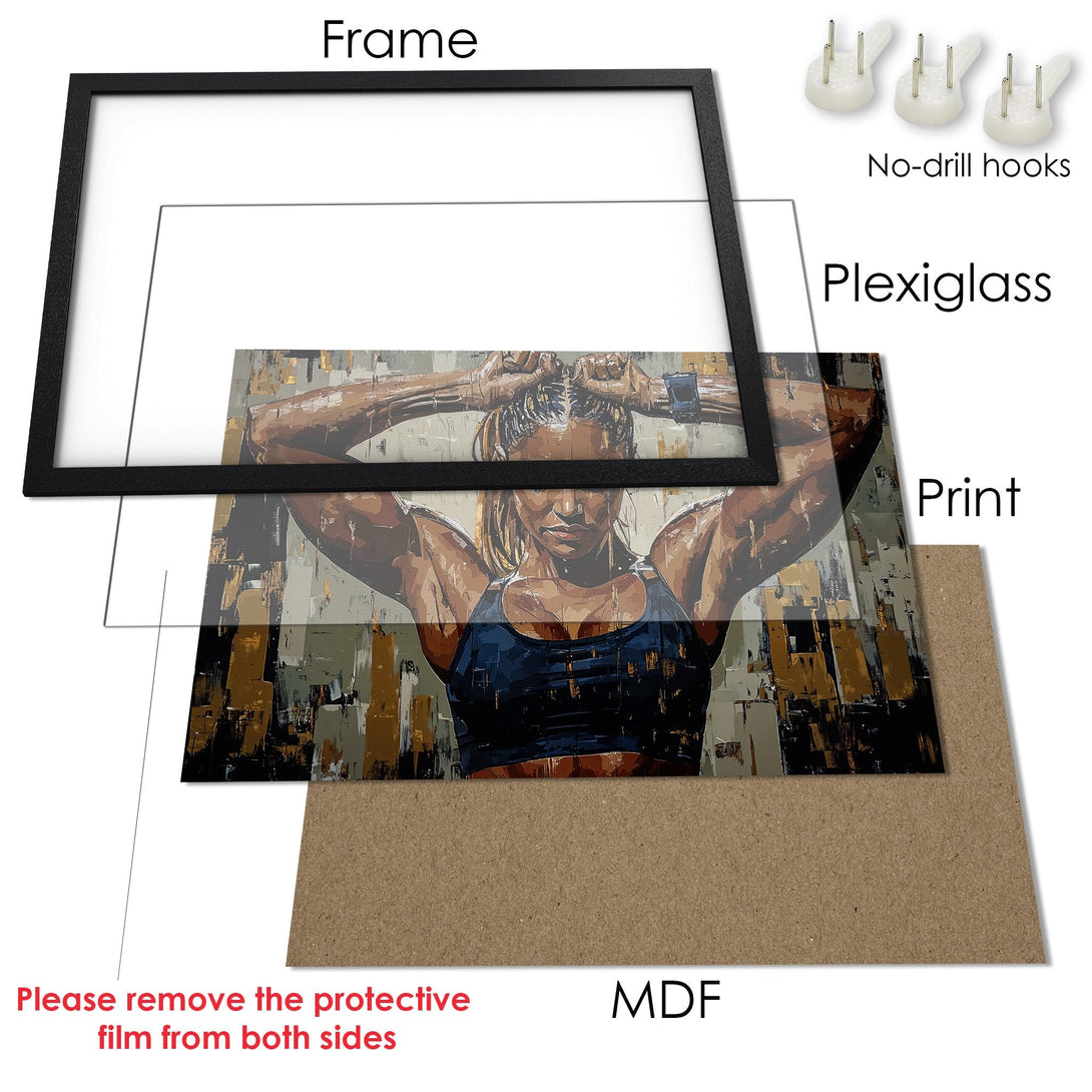 Framed Poster featuring a strong woman in abstract art style, with a neutral and earthy color palette. Perfect for your home gym!