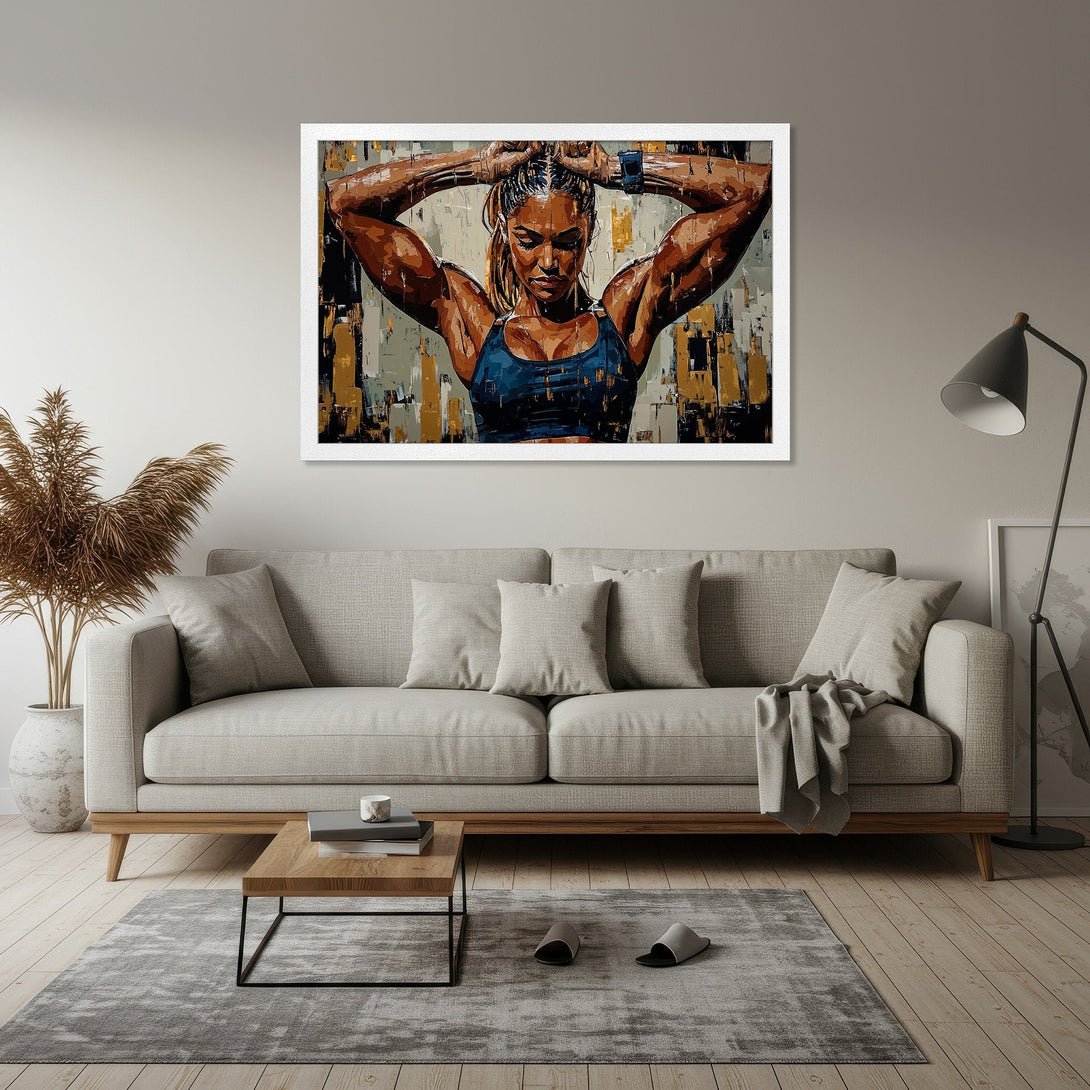Framed Poster of a strong woman in abstract style, with a brown, blue, and gold color palette. Perfect for your home gym!